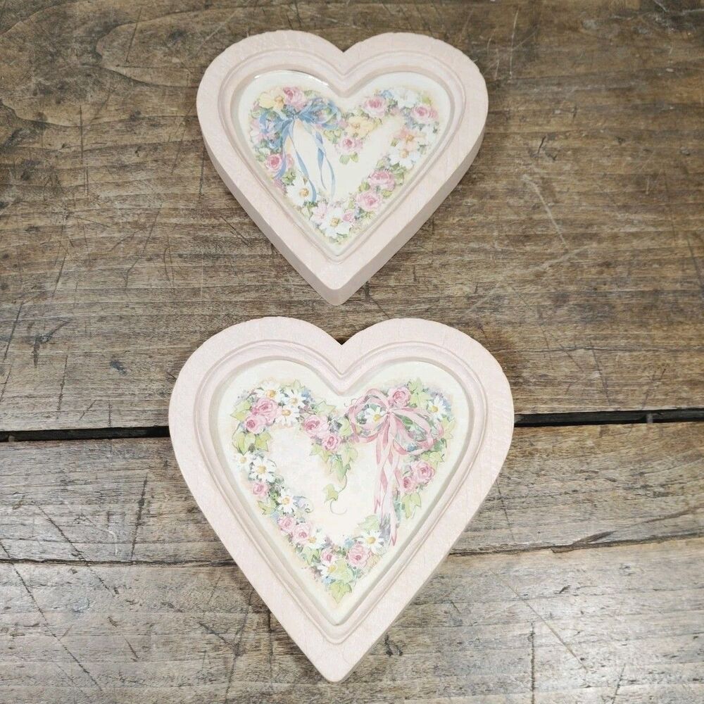 Two Vintage HOMCO Pink Heart Floral Wall Plaques Set Pictures Decor Victorian
